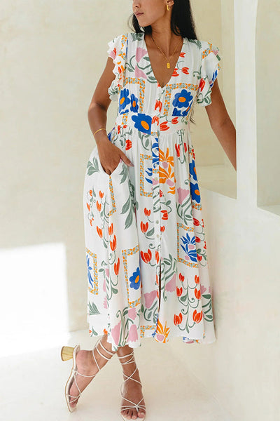 Boho Floral Print Buttoned V-neck Midi Dress