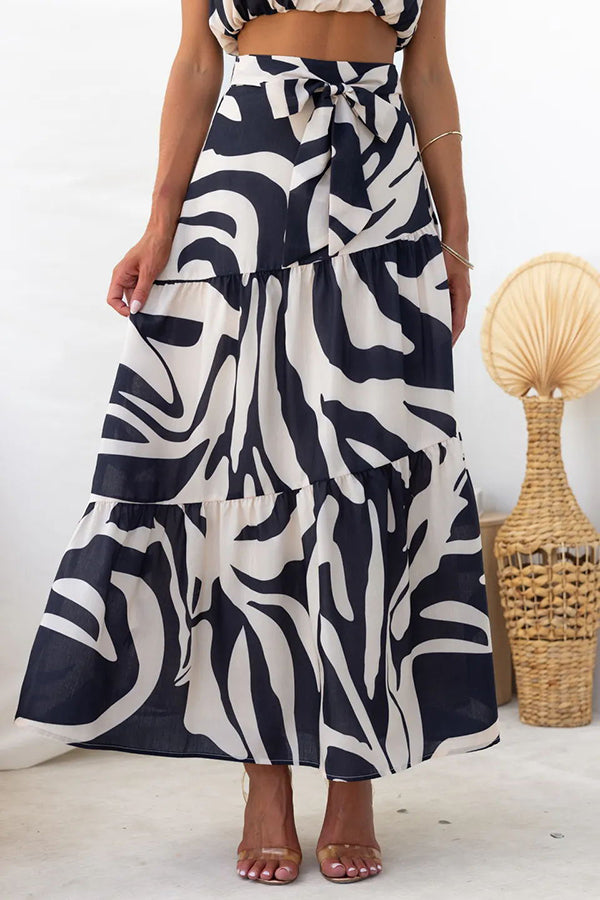 Style Wonderland Abstract Print High Waist Tie-up Maxi Skirt