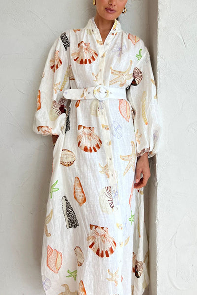 Swinton Marine Element Print  Pocket Balloon Sleeve Belted Maxi Dress