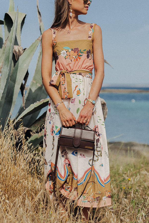 Summer Vibes Linen Blend Unique Print Smocked Belt Midi Dress