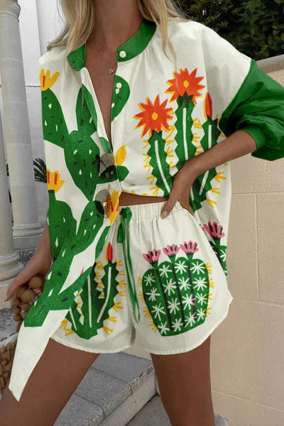 Beautiful Contrasting Cactus Print Button Pocket Lace Up Shorts Set