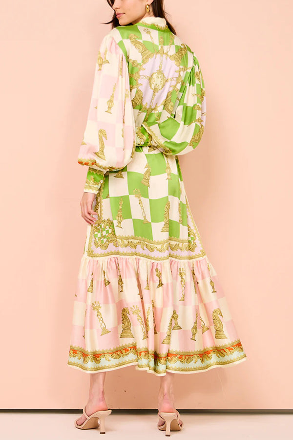 Garden Party Satin Unique Print Balloon Sleeve Belted Shirt Maxi Dress