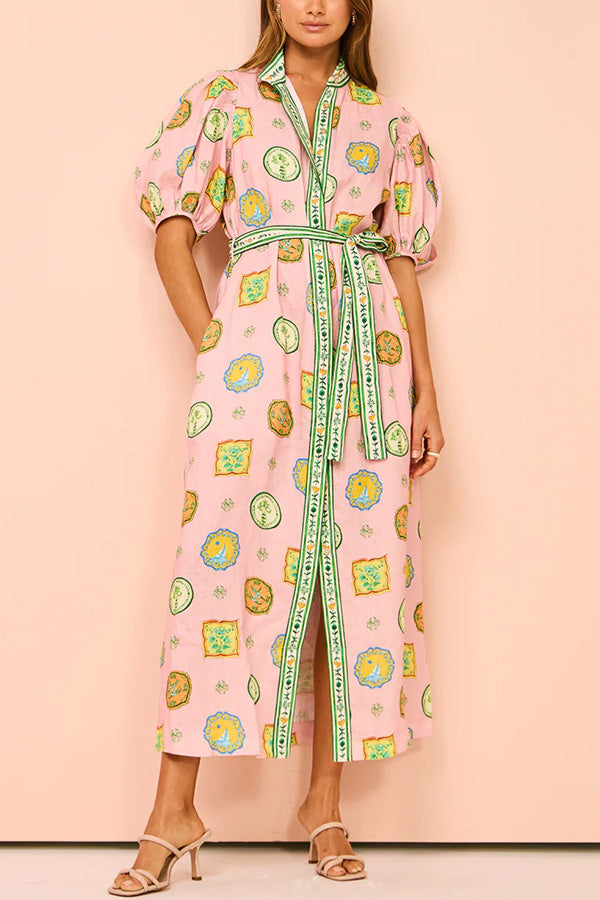 Orla Unique Print Balloon Sleeves Printed Belt Pocket Midi Dress