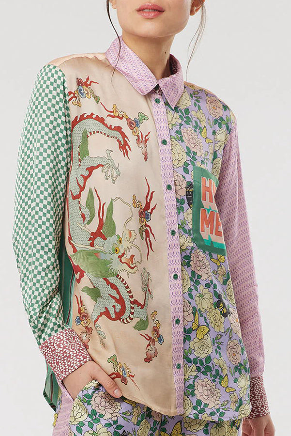 Dragon Season Unique Print Patchwork Pocketed Loose Shirt