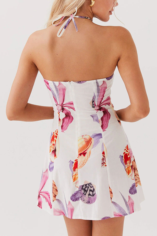 Seaside Bouquet Linen Blend Shells Unique Print Halter Mini Dress