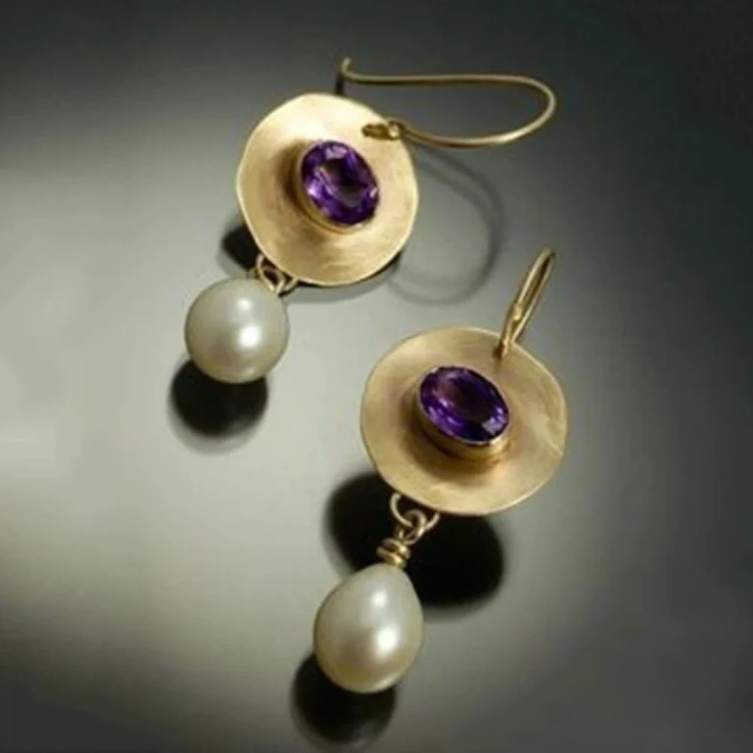 Vintage Gold Purple Zirconia Pearl Earrings