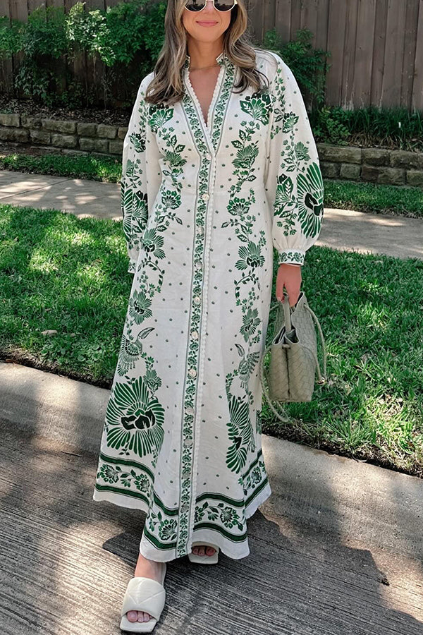 Forest Soul Unique Print Button Down Long Sleeve Shirt Maxi Dress