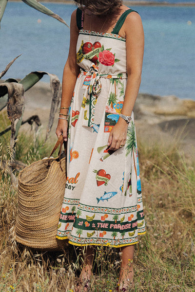 Summer Vibes Linen Blend Unique Print Smocked Belt Midi Dress