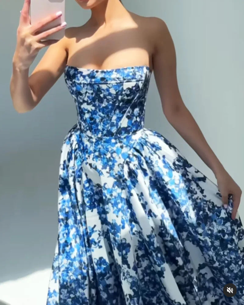 Adelina | Printed Strapless String Sundress