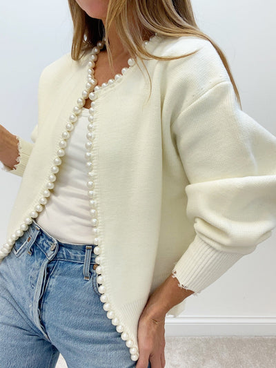 Milena | Pearl Trim Ripped Hem Cardigan