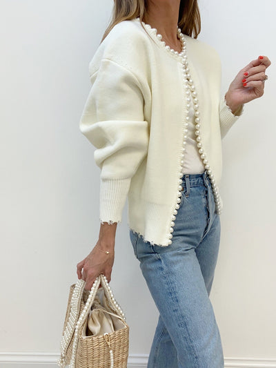 Milena | Pearl Trim Ripped Hem Cardigan