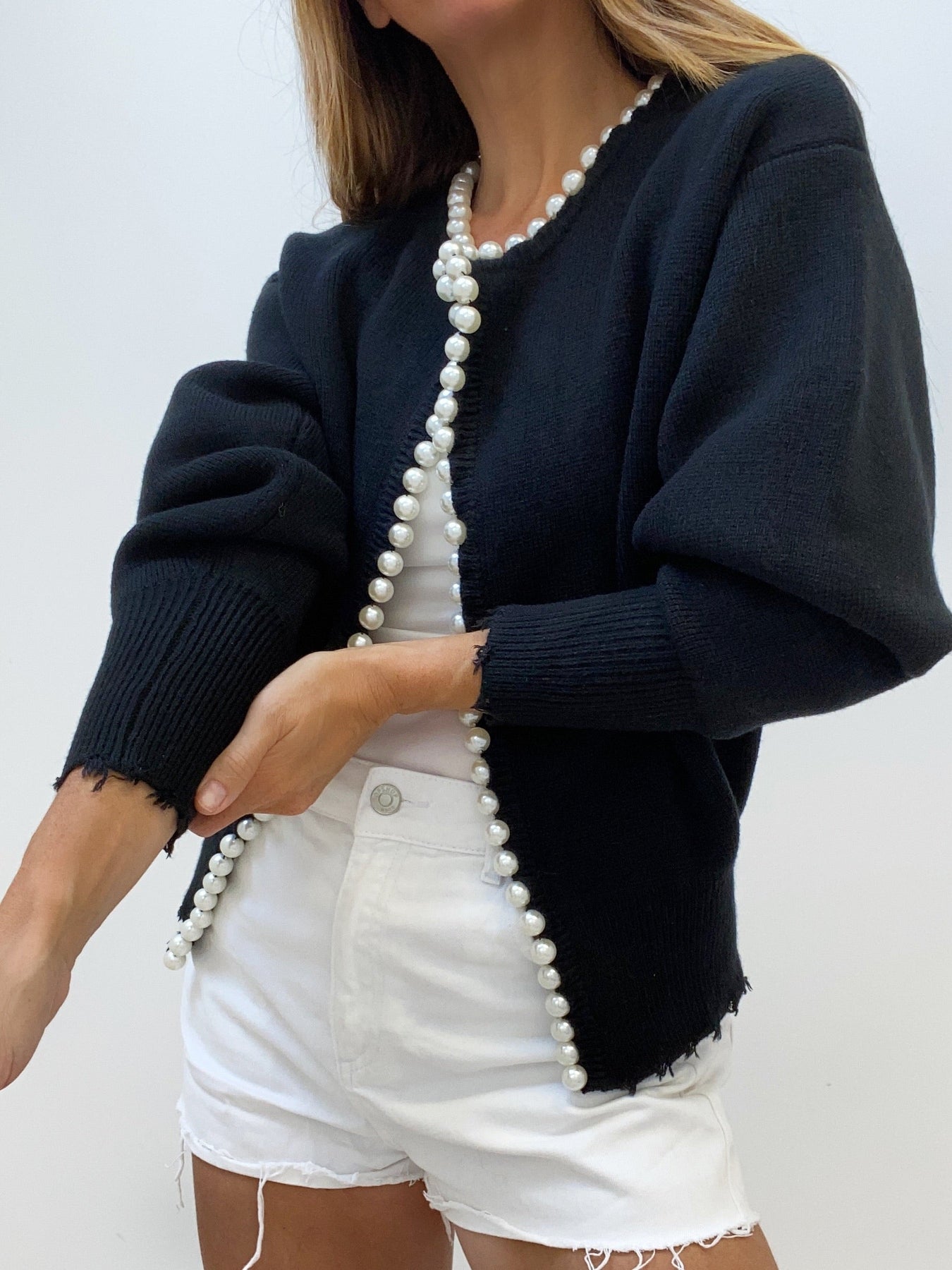 Milena | Pearl Trim Ripped Hem Cardigan