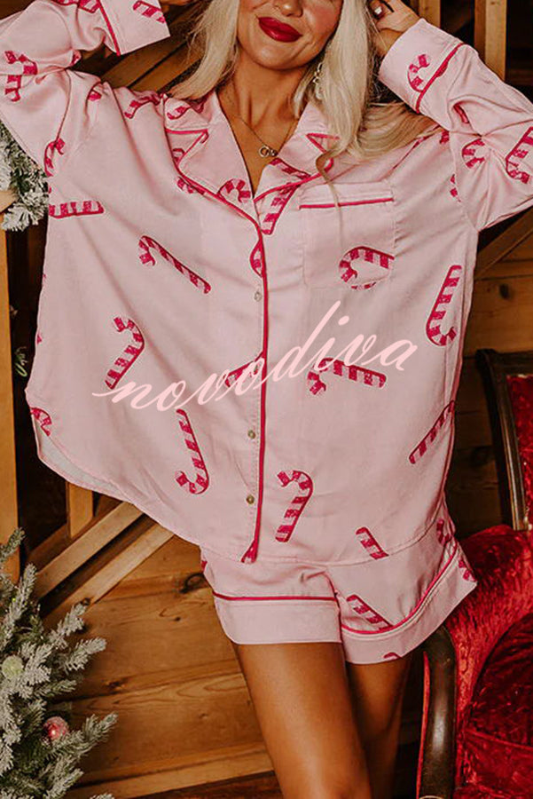 Candy Cane Kisses Satin Printed Elastic Waist Pocket Pajama Shorts Set