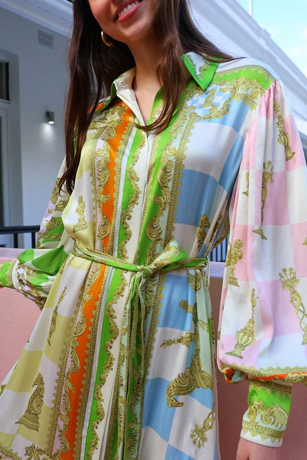 Garden Party Satin Unique Print Balloon Sleeve Belted Shirt Maxi Dress