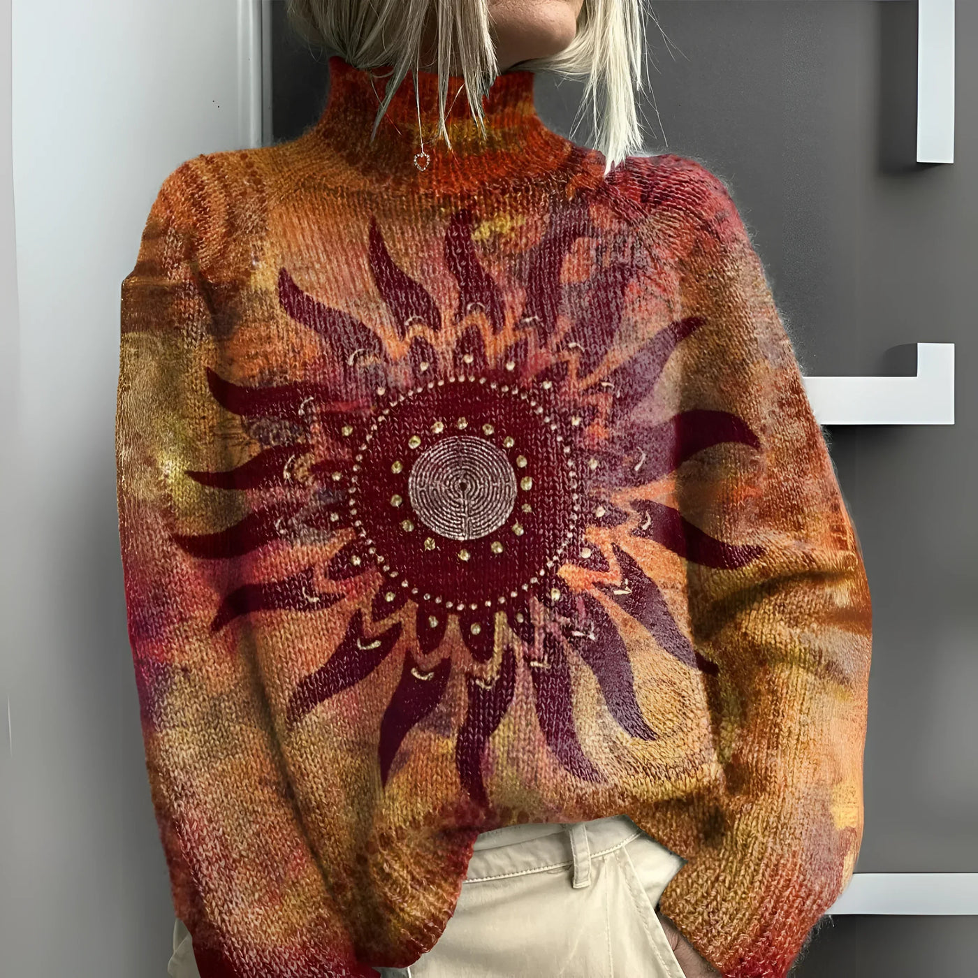 FEDERICA™ | Comfortable Knit Turtleneck with Tribal Sun