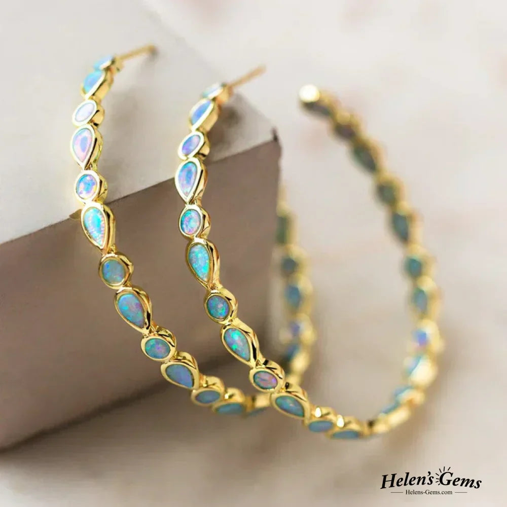 Vintage Blue Opal Gold Hoop Earrings